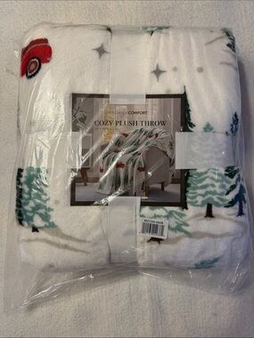 Cozy Plush Throw - White with Green Trees and Red Trucks